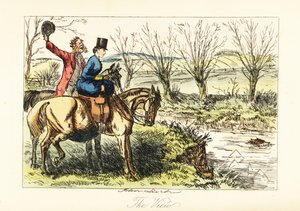 Cazador inglés y dama observando un zorro nadar a través de un río de John (after) Leech