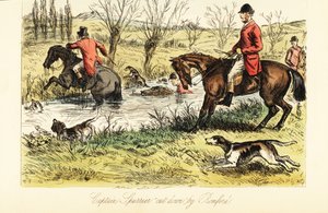Cazador inglés cruzando un río con perros de caza