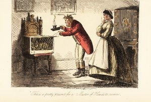 Cazador inglés en ropas de caza y botas examinando un zorro en una jaula a la luz de una vela de John (after) Leech
