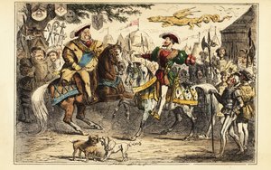 Enrique VIII de Inglaterra reuniéndose con Francisco I de Francia a caballo en el Campo del Paño de Oro, 7 de junio de 1520 de John (after) Leech