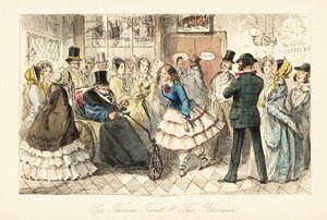 Anciano con gota en una silla de inválido hablando con una joven en pantalones bombachos de John (after) Leech