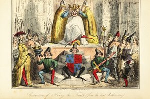 La coronación del rey Enrique IV de Inglaterra con una enorme corona de John (after) Leech