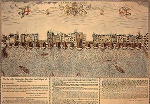 Vista del Puente de Londres de Este a Oeste, reimpresión de un grabado de 1624 de John (after) Norden