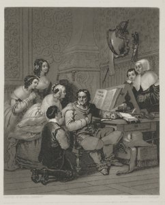 La familia de Cromwell intercediendo por la vida de Carlos I, grabado por Alfred Johannot de John (after) Sartain