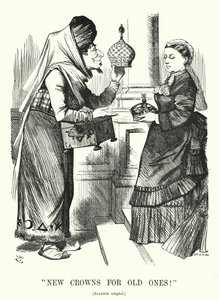 Caricatura de Punch: Nuevas Coronas por Viejas. Benjamin Disraeli (como Aladino) con la Reina Victoria - el Acta de Títulos Reales de 1876 reconociendo a la Reina como Emperatriz de la India (grabado)