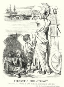 Caricatura de Punch: Filantropía telescópica - la preocupación de la clase media victoriana por la ayuda a los pobres en el extranjero en lugar de en casa