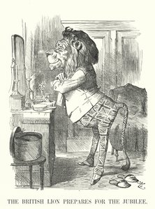 Caricatura de Punch: El león británico se prepara para el jubileo - Jubileo de Oro de la Reina Victoria de John (after) Tenniel