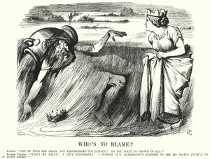 Caricatura de Punch: ¿Quién Tiene la Culpa? - llamados a tomar medidas para prevenir inundaciones del Támesis en Londres (grabado) de John (after) Tenniel