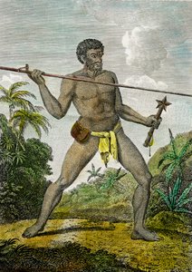 Representación de un hombre de Nueva Caledonia lanzando una lanza. En la otra mano sostiene un garrote, c.1800 (grabado)