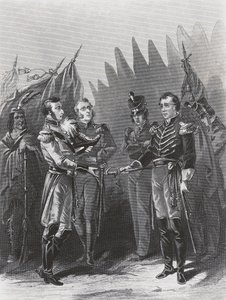 Rendición del general estadounidense William Hull a las tropas británicas y guerreros nativos americanos en Detroit, 15 de julio