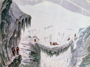 Escalando el Mont Blanc, escaladores suspendidos de una grieta, acuarela, Francia de Walter Charles Mills