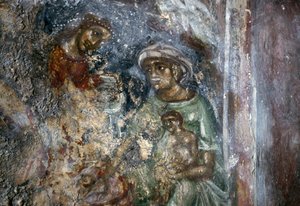 Fresco de la Sagrada Familia, iglesia bizantina de Ayios Stephanos, Drakona, Creta, Grecia de Walter Charles Mills