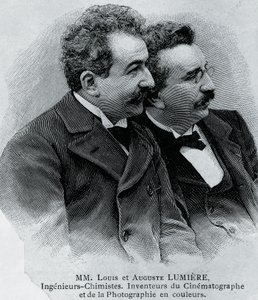 Retrato de Auguste Marie Louis Nicolas Lumière (1862-1954) y Louis Jean Lumière (1864-1948), empresarios e inventores franceses del proyector de cine, grabado de una fotografía de Walter Charles Mills