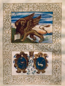 El león alado de Venecia y los escudos de armas de Leffe y Gandino, miniatura del Privilegio della Serenissima alla Val Gandino, 18 de junio de Walter Charles Mills
