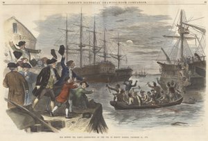 La fiesta del té de Boston - Destrucción del té en el puerto de Boston, 16 de diciembre de 1773, de Ballous Pictorial Drawing-Room Companion, pub. 1865 de John Andrew