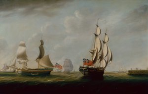 Dos bergantines ingleses frente a Whitby con otros barcos más allá (óleo sobre lienzo) de John Askew