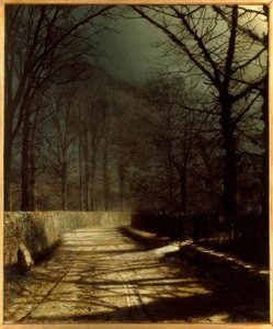 J.A.Grimshaw, Camino iluminado por la luna con dos amantes junto a una puerta