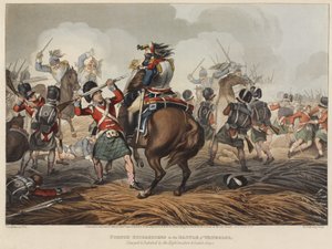 Coraceros franceses en la batalla de Waterloo cargados y derrotados por los Highlanders y Scotch Greys, grabado por M. Dubourg, 1819 de John Augustus Atkinson