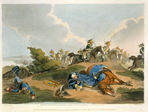 El príncipe Blucher bajo su caballo en la batalla de Waterloo, grabado por Matthew Dubourg de 