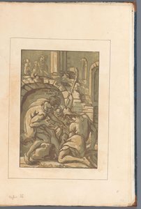Tres figuras cerca de un arco Amicis suis necnon unicuique (...) (título de serie sobre objeto) de John B. Skippe