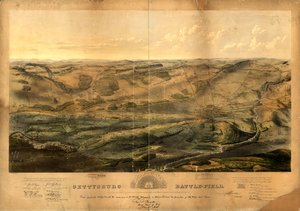 Campo de batalla de Gettysburg. Batalla librada en Gettysburg, Pensilvania, los días 1, 2 y 3 de julio de 1863 por los ejércitos federal y confederado, comandados respectivamente por el Gral. G. Meade y el Gral. Robert E. Lee de John Bachelder