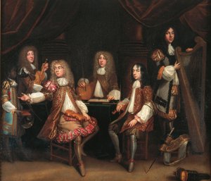 La Cámara Carmesí, grupo de retratos de caballeros con instrumentos musicales, tradicionalmente dicho para representar al Ministerio Cabal del Rey Carlos II de John Baptist de Medina