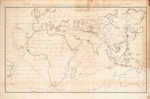 Una carta general en proyección Mercators para mostrar la ruta del "León" y el "Hindostán" desde Inglaterra hasta el Golfo de Pekín en China y su regreso a Inglaterra.