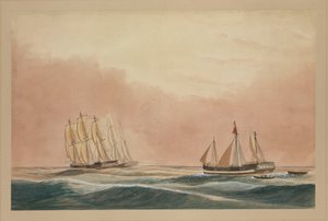 El "Futty Satam" remolcado a Mauricio por la barca "Otter" y el barco "City of Poona" 1851, c.1851 (acuarela) de John Becket Hodgson