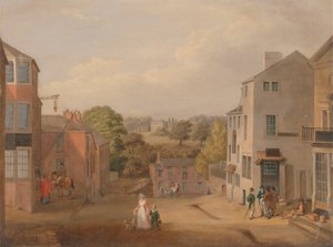 Escena de la calle en Chorley, Lancashire, con una vista de Chorley Hall de John Bird of Liverpool