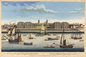 Vista del Hospital Real de Greenwich, hacia 1770 (aguafuerte coloreado) de John Bowles