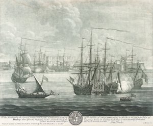 Vista de Bombay (India), dedicada al director de la Compañía Británica de las Indias Orientales. Grabado de John Bowles ()