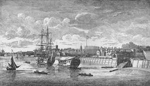 Astillero de Woolwich desde el Támesis, c. 1750 de John Boydell