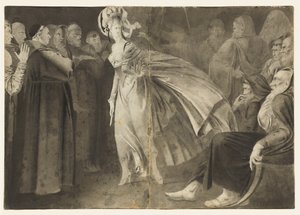 Mujer de pie entre los frailes