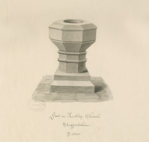 Pila bautismal en la Iglesia de Audley: dibujo en sepia, 1840