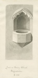 Pila bautismal en la Iglesia de Ashley: dibujo en sepia, 1843 de John Buckler