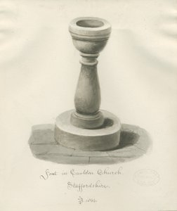 Pila bautismal en la Iglesia de Cauldon: dibujo en sepia