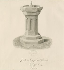 Fuente en la Iglesia de Haughton: dibujo en sepia de John Buckler