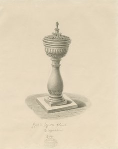 Pila bautismal en la iglesia de Ingestre: dibujo en sepia de John Buckler