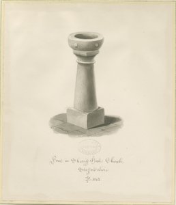 Pila bautismal en la Iglesia de Sheriffhales: dibujo en sepia de John Buckler