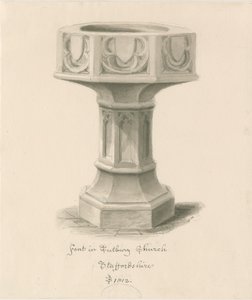 Pila bautismal en la Iglesia de la Abadía de Tutbury: dibujo en sepia de John Buckler