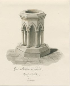 Pila bautismal en la Iglesia de Walton-on-the-Hill: dibujo en sepia de John Buckler