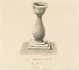 Pila bautismal en la Iglesia de Wolstanton: dibujo en sepia de John Buckler