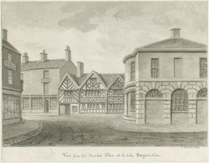 Leek Town - Plaza del Mercado: dibujo en sepia de John Buckler