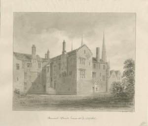 Lichfield - Casa Antigua en The Close: dibujo en sepia de John Buckler