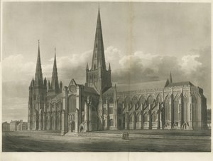 Catedral de Lichfield - Vista Sureste: grabado en aguatinta