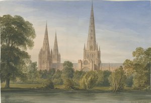Catedral de Lichfield - Vista Sur Sureste: pintura en acuarela, 1842 de John Buckler