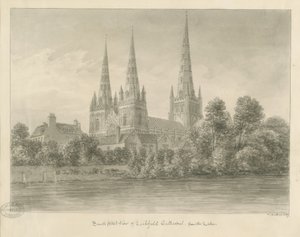 Catedral de Lichfield - Vista Suroeste: dibujo en sepia de John Buckler