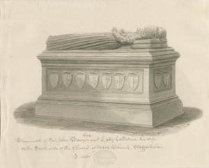 Iglesia de Maer - Monumento a Sir John Bowyer y Lady Catherine: dibujo en sepia, 1843 de John Buckler