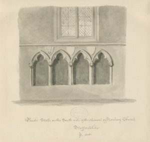 Iglesia de Norbury - Bancos de los sacerdotes: dibujo en sepia, 1843