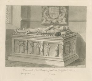 Iglesia de Seighford - Tumba de William y Mercy Bowyer: dibujo en sepia, 1842 de John Buckler